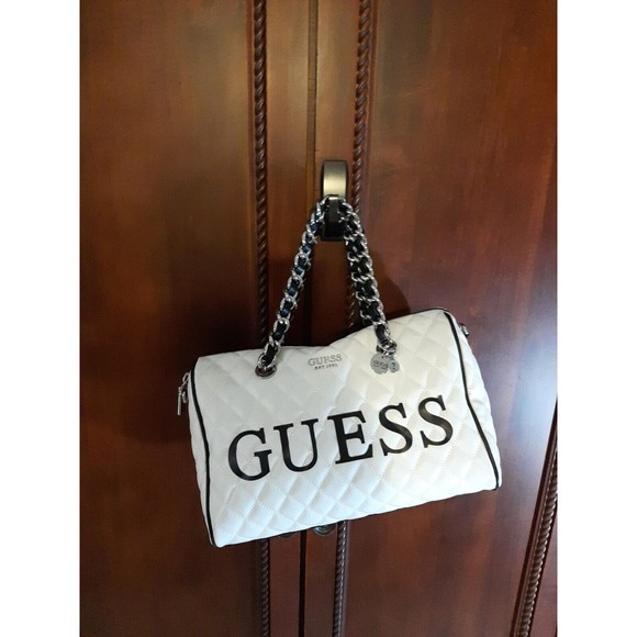 Guess Bags Guess Quilted Large Satchel Handbag With Silver Chain